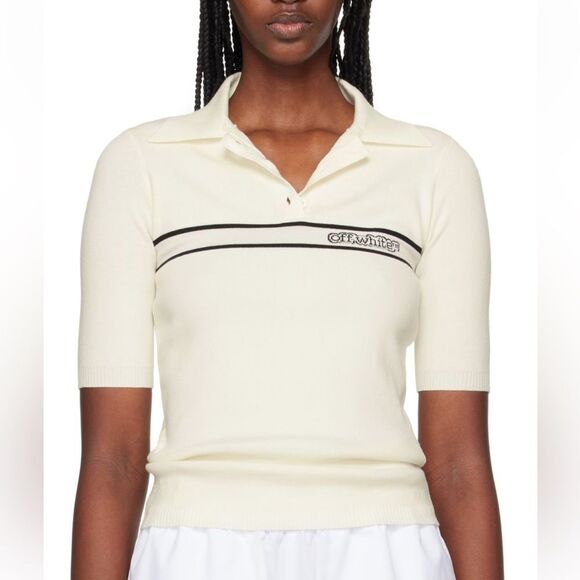 OFF-WHITE Striped Knit Polo Cream Short Sleeve Tee shirt top Revolve $595 S - Picture 1 of 13